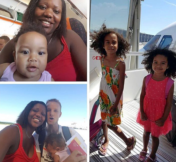 Kayla Assis Ribeiro (vestido estampado), 6, sua mãe, Elizabeth Cristina de Assis Ribeiro, 30, Kimea, de sete meses, e Djulia, 4. Kayla morreu em atendado em Nice	 